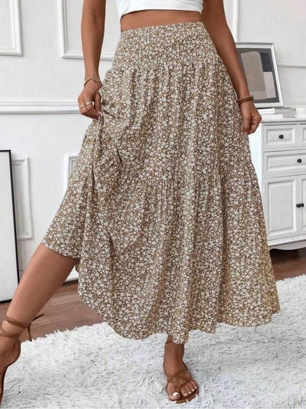 SHEIN Tan Floral Tiered Maxi Skirt